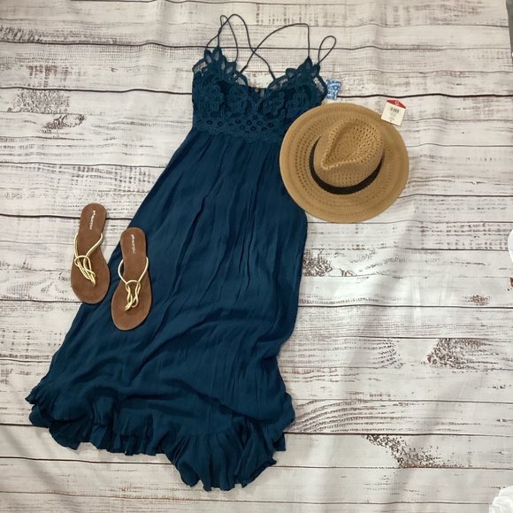Free People Dresses & Skirts - 597. Free People Teal Crochet Bodice T-length Dress NWT Size L
